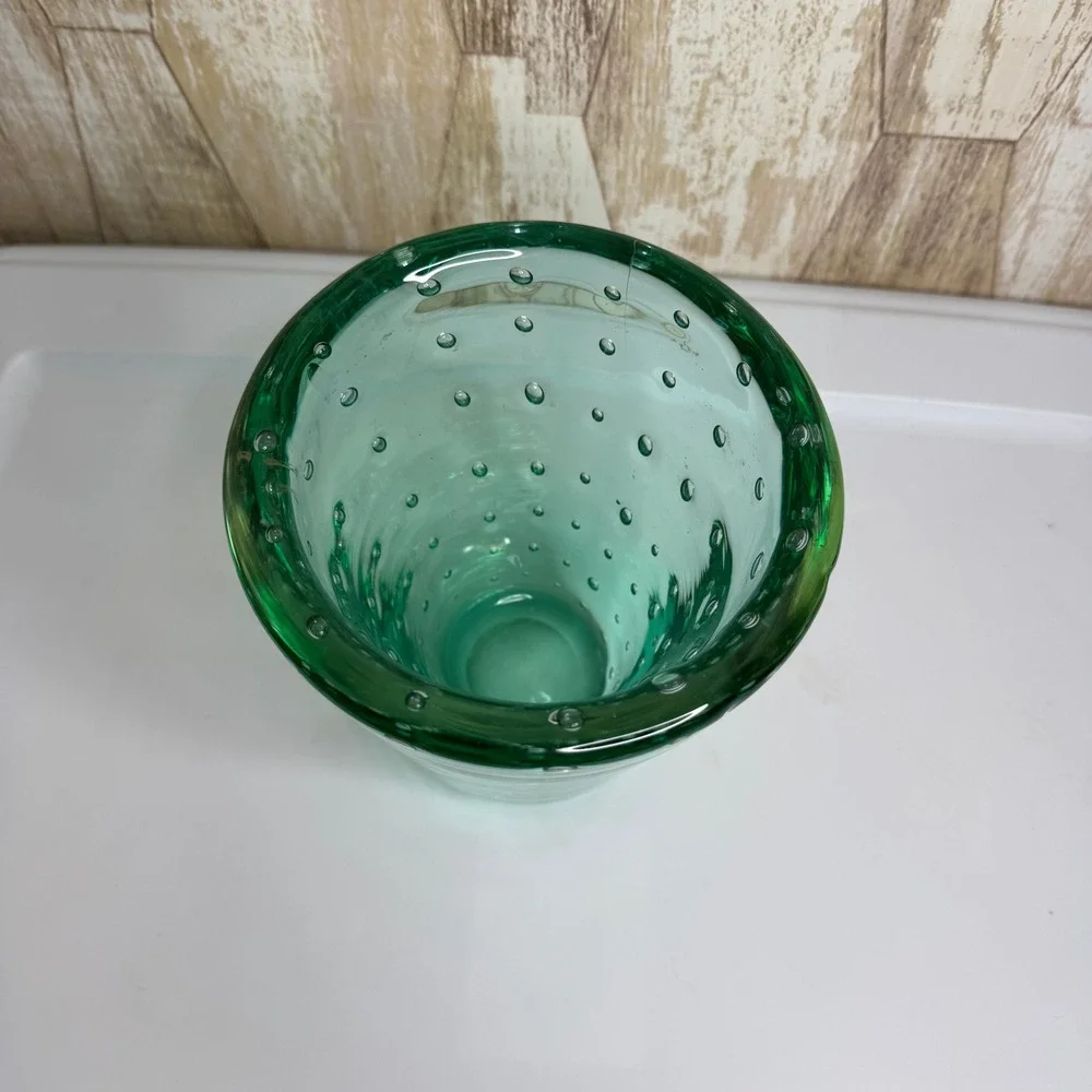 Vintage Green Hand Blown Bubble Glass Vase Heavy Bullicante Art Glass 6